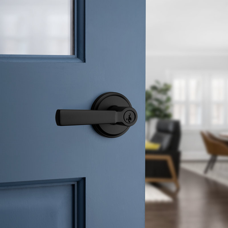 Matte Black Transitional Keyed Entry Door Lever with Round Rosette