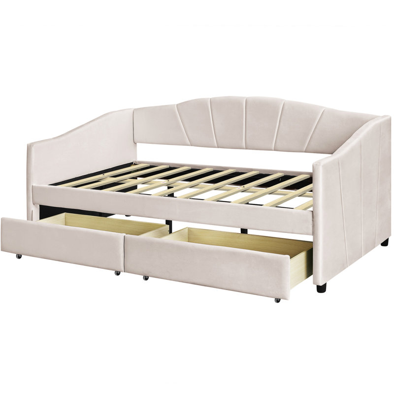 Lit de jour rembourré beige avec deux tiroirs pratiques et un tissu doux recouvrant des systèmes de tiroirs spacieux - Améliorez vos options de rangement