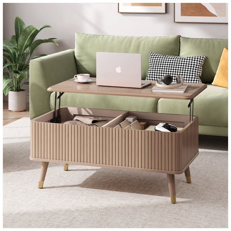 Table basse Mid-Century moderne à plateau relevable avec rangement, table centrale multifonctionnelle pour le salon, Chêne 