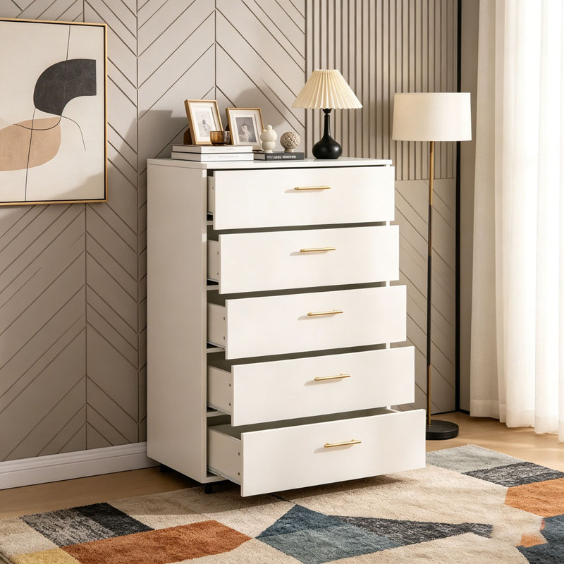 Commode blanche à 5 tiroirs avec poignées