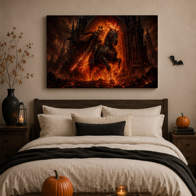 Roi squelette enflammé sur un cheval noir, toile murale gothique d'Halloween