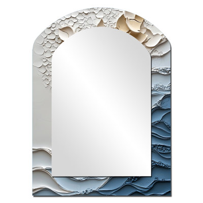 White And Blue Coastal Mosaic III - Coastal Arch Mirror, White Asymmetrical Decorative Wall Mirror, Printed Metal Art