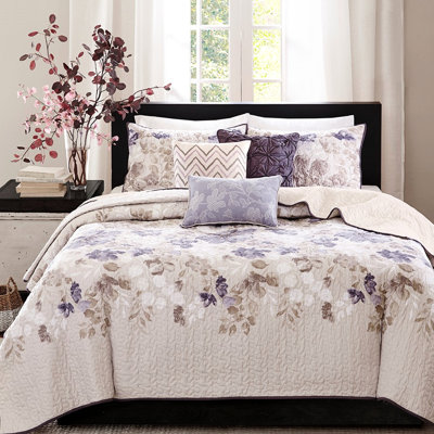 Courtepointe pour lit double / grand lit, taupe, courtepointe à imprimé floral aquarelle, tissu en microfibre, réversible avec envers de couleur unie, coussins décoratifs brodés, coussins décoratifs taupe, double / grand