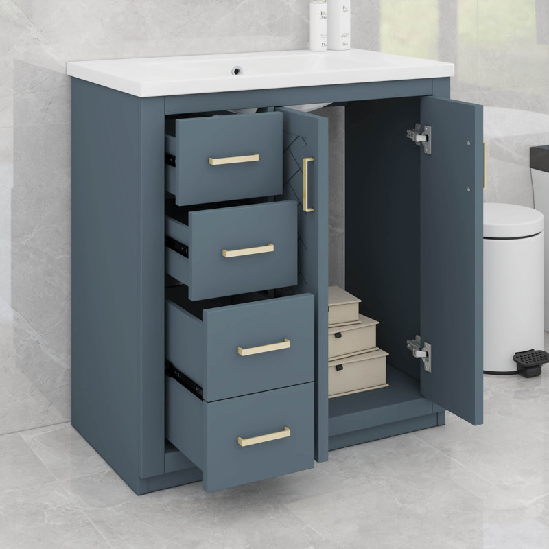 Meuble-lavabo 36 po avec lavabo en céramique: armoire de rangement moderne en bois massif avec 3 tiroirs, Bleu