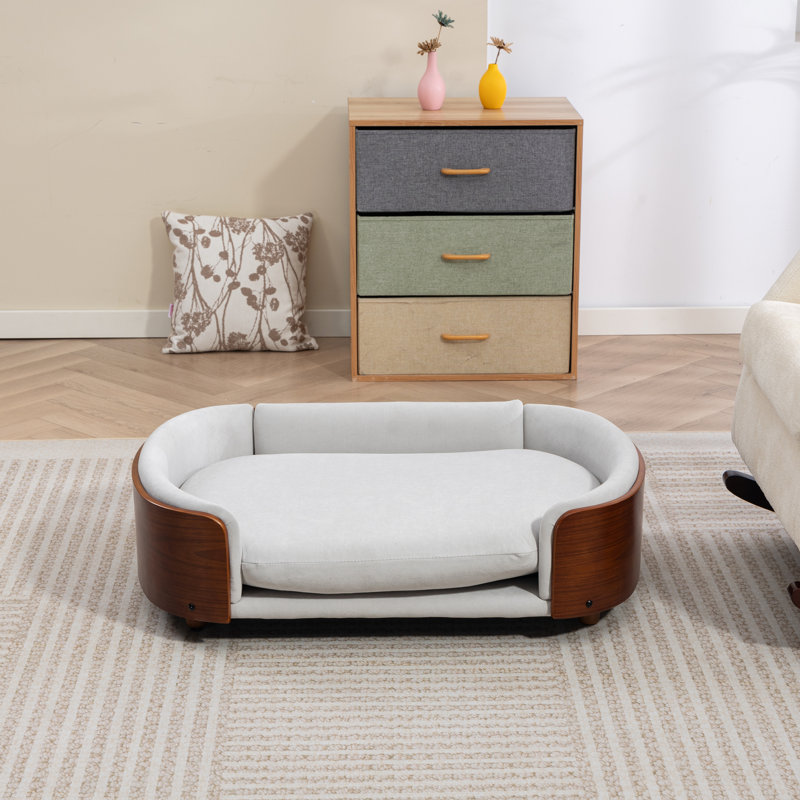Lit pour chien surélevé gris en velours de style scandinave avec dossier en bois cintré, coussin amovible et grande taille en noyer ventilé, gris, facile à assembler