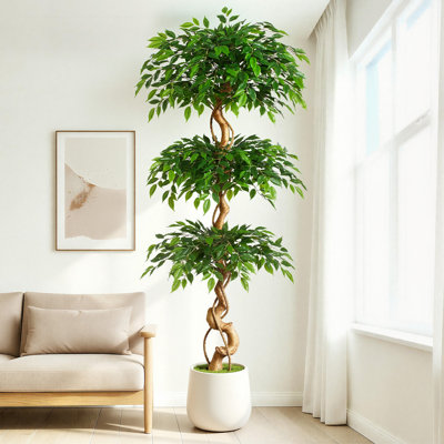6FT Artificial Ficus Tree | Spiral Ficus Tree Artificial | Artificial Faux Tree in White Pot | Realistic Artificial Ficus Trees Indoor for Home & Office (180cm Height)