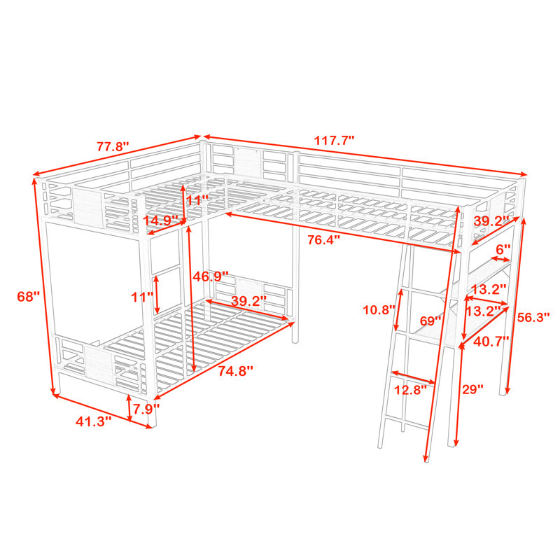 Lit superposé simple au-dessus de simple et simple avec bureau intégré Reisinger