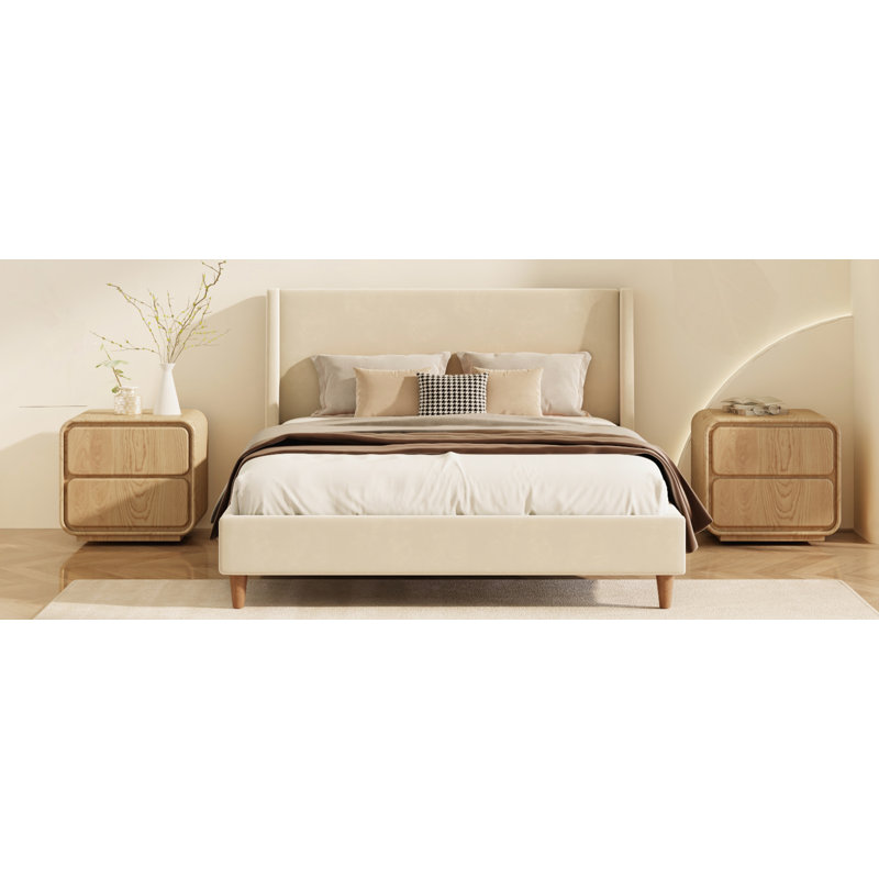 Lit plateforme tapissier moderne avec tête de lit à oreilles, Beige, Grand