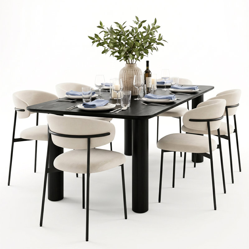 Modern 7-Piece Dining Set With Rectangular Wood Table And Upholstered Curved Back Chairs, Santi Beige