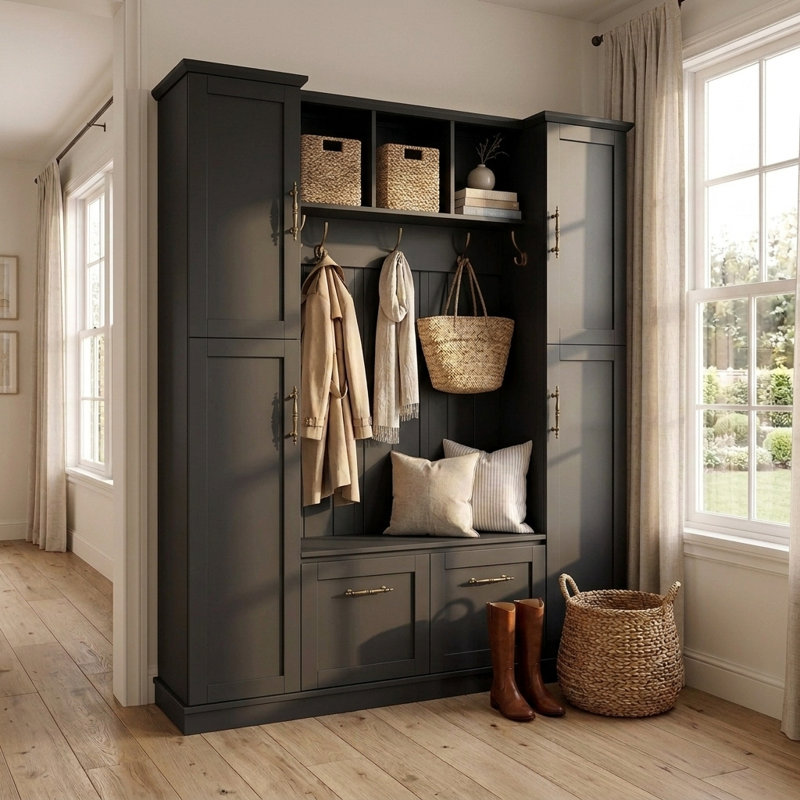 60" Farmhouse Hall Tree with Bench, Large Mudroom Storage Cabinet with 5 Hooks, Adjustable Shelves & Hidden Shoe Storage