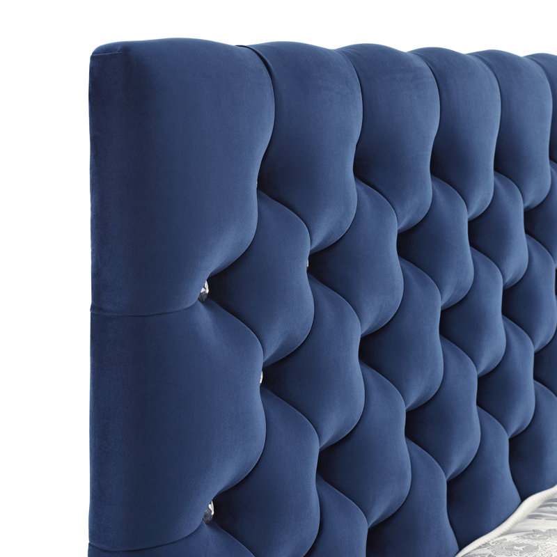 Terrence Upholstered Velvet Bed, Double (4'6), Plush Marine
