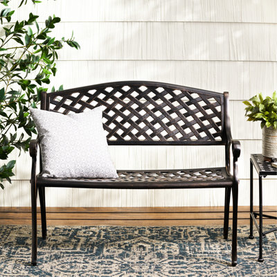 Banc d'extérieur 2 en fonte de cuivre antique avec siège tressé et accoudoir traditionnel l 22,63 po x H 33,72 po