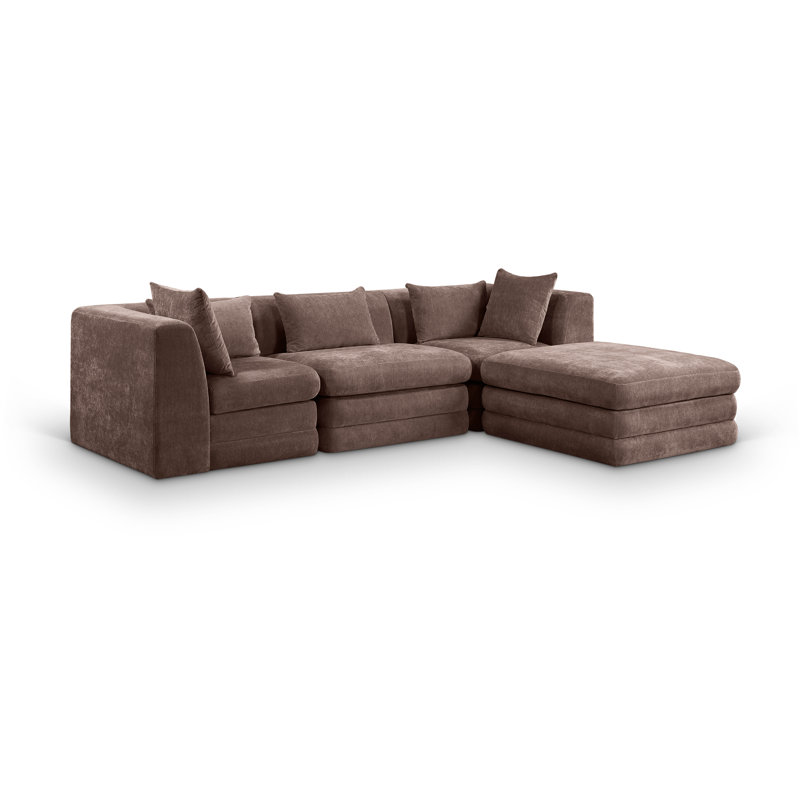 Eilene Chenille Fabric Upholstered Modular Sectional, Brown Chenille Fabric, 1 Armless, 2 Corner, 1 Ottoman