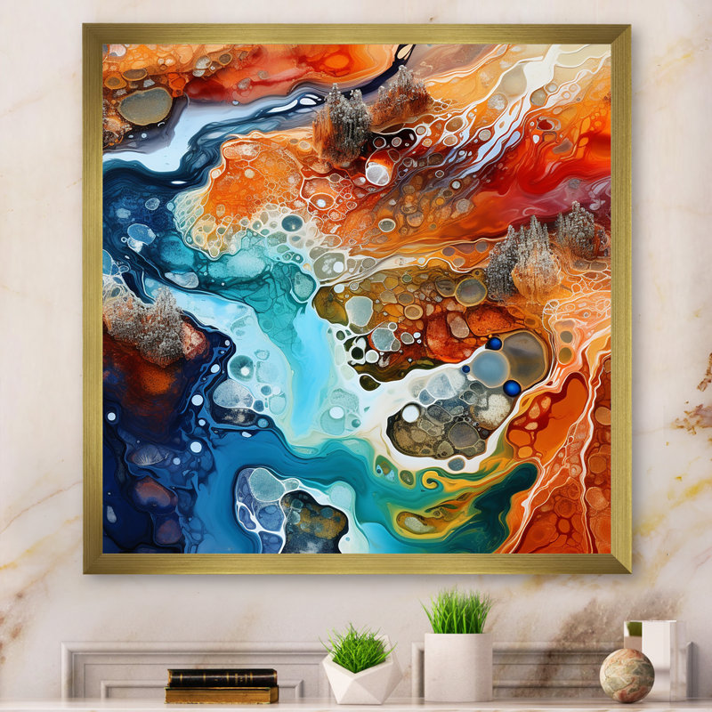«Blue and Brown Geyser», impression sur toile, Cadre doré simple, H 36 po x l 36 po x P 1,5 po