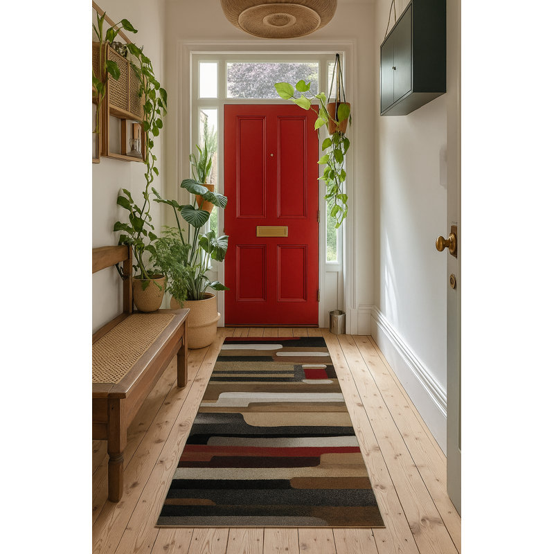 Tapis d'intérieur brun et rouge à motif abstrait Mid-Century, Tapis de couloir 2 pi x 18 pi