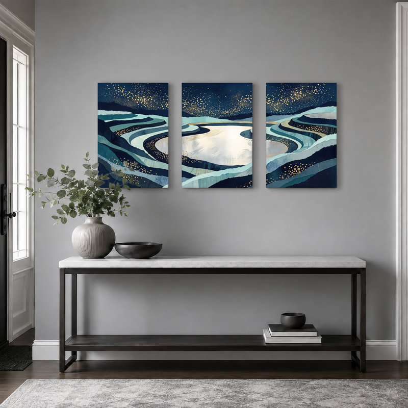 Ensemble de 3 toiles en couches bleues et dorées, H 24 po x l 16 po x 3 pièces