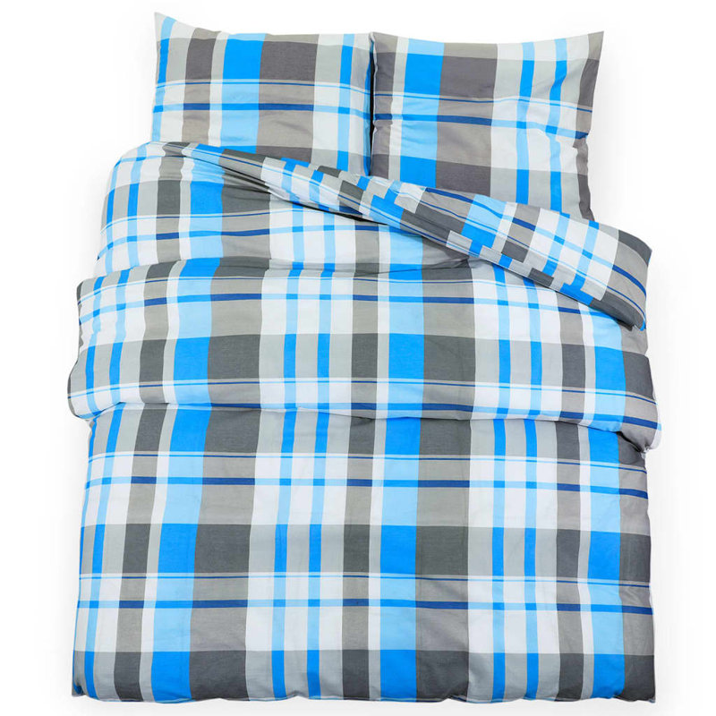 Grey Microfibre Duvet Cover Set, Super King - 2 Standard Pillowcases, Blue/Grey Plaid