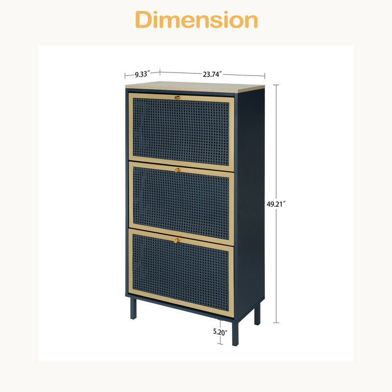 3 Metal Door Shoe Rack, Freestanding Modern Shoe Storage Cabinet, Metal Rattan, For Entryway
