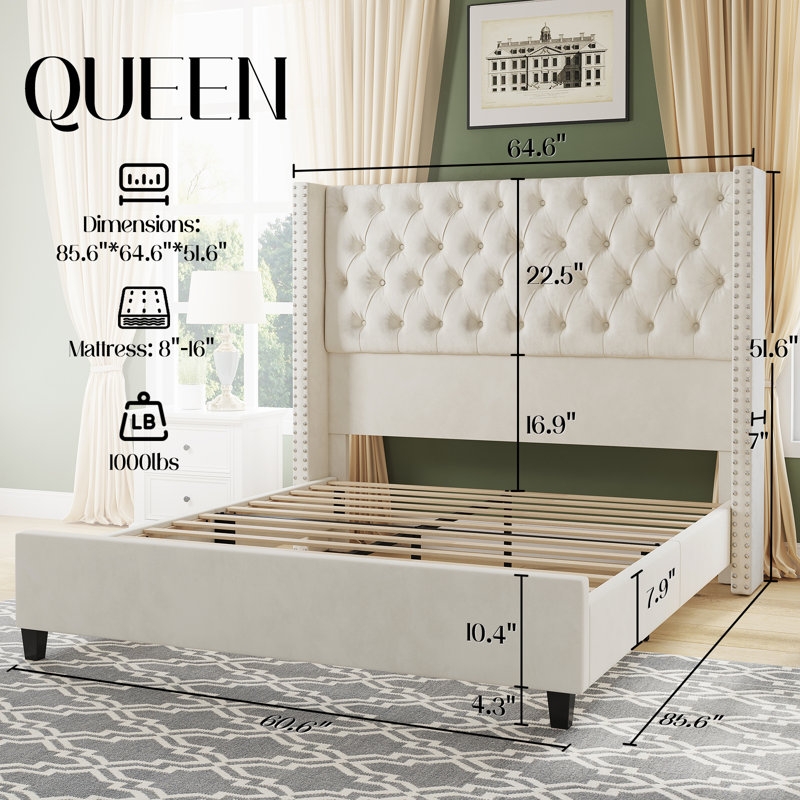 Dillwyn Upholstered Wingback Bed, Queen, Cream