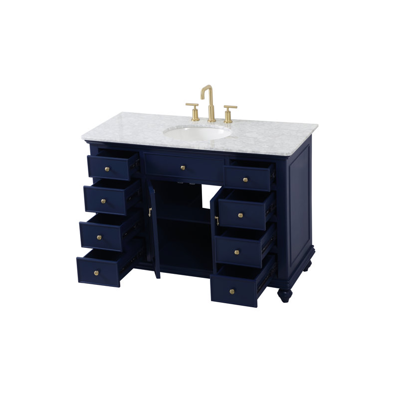 Meuble-lavabo simple de 48 po pour la salle de bain Otto, Bleu, Blanc de Carrare / veines grises