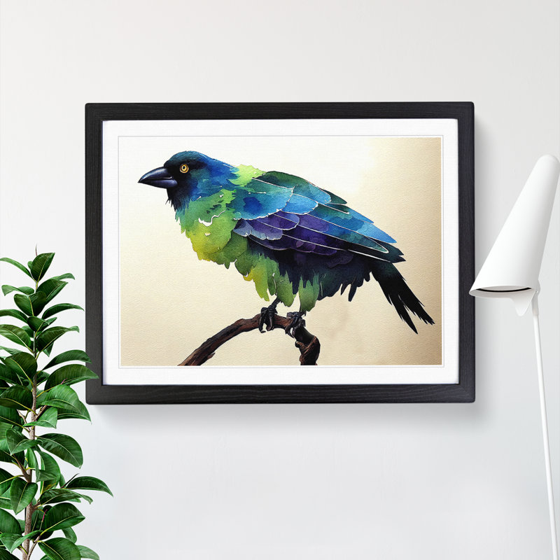Crow Bird Watercolour - Single Picture Frame Print, 25cm H x 34cm W x 2cm D, Black