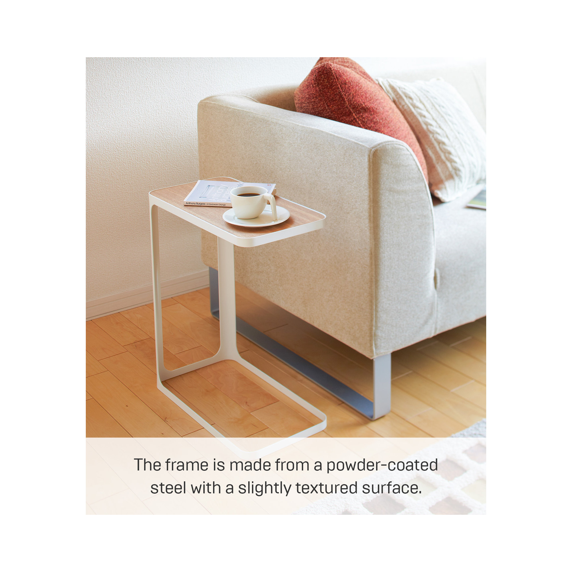 Small Metal And Wood Bedside Compact Side Table - Narrow C Shaped Slim End Table, White