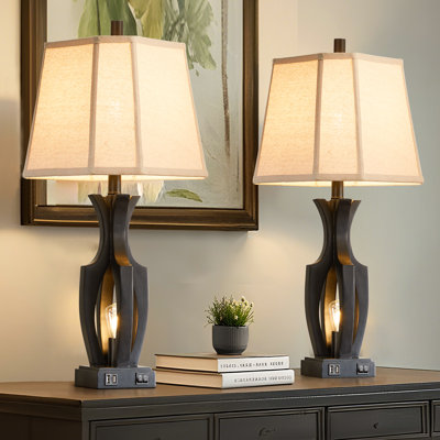 26 "wood grain table lamp with night light and dual USB ports (set of 2)