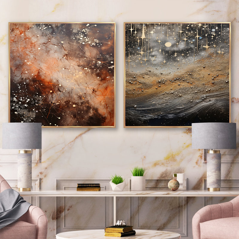 Constellation Starry - Ensemble de 2 collages abstraits carrés, Cadre flottant doré, H 16 po x l 33 po