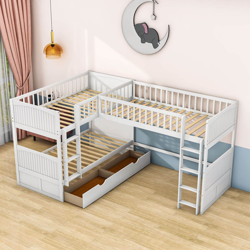 Kids Twin Over Twin Bunk Bed with Drawers, White