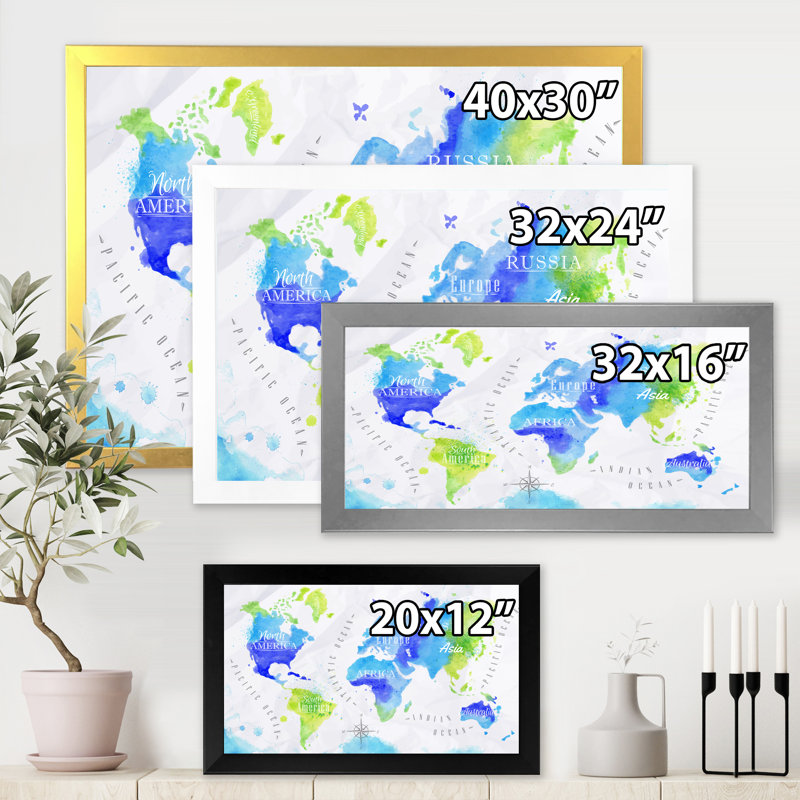Carte du monde en vert et bleu - Impression sur toile, H 24 po x l 32 po x P 1 po, Cadre photo blanc