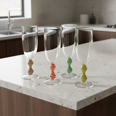 Flûtes à champagne en verre soufflé à la main avec tiges en forme et rayées