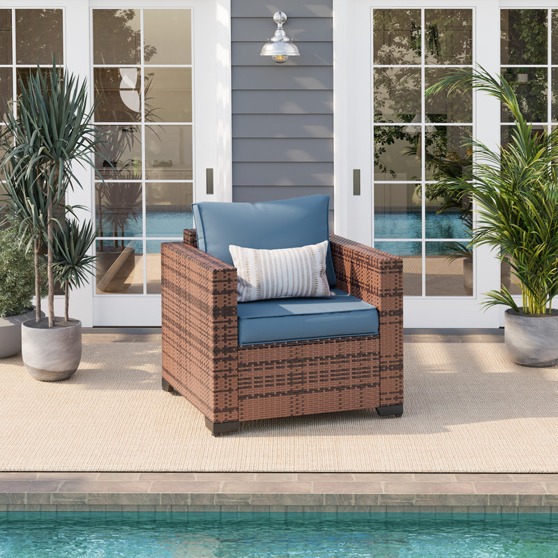 Azoriah Silloth 27.5'' Wicker Outdoor Patio Chair (Set of 2), Brown, Navy