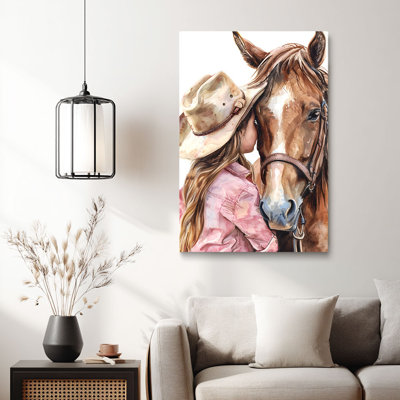 Cadre d'art tendu fantaisiste «Cowgirl au chapeau embrassant un cheval (aquarelle)» par Cow-Western