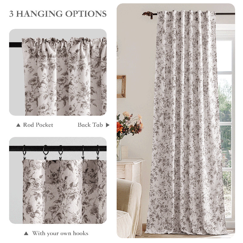  Floral Curtains for Living Room, Semi Sheer Linen Curtains Light Filtering Farmhouse Back Tab Rod Pocket Window Drapes,2 Panels