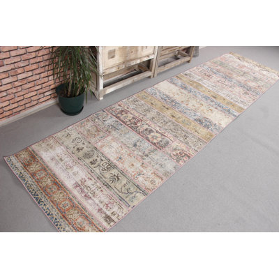 Blue Patchwork Runner Rug in Turkish Oushak Style For Stairs with a Modern Minimalist Wool Design