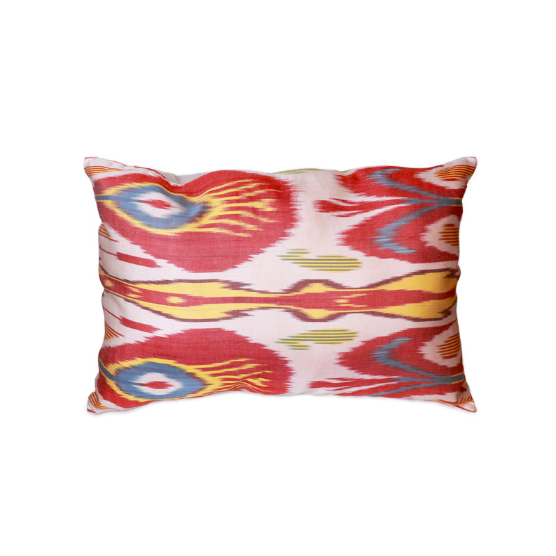Red and White Silk Velvet Ikat Throw Pillow, 15" x 24"