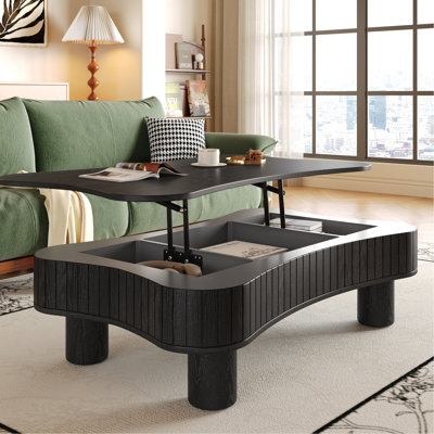 Table basse à plateau relevable de 42 po pour l'espace de vie principal, rangement à panneau cannelé, réglage hydraulique, finition à gratter, hauteur de pouce noire avec relevage silencieux, 3 espaces de rangement cachés, coins arrondis, 5