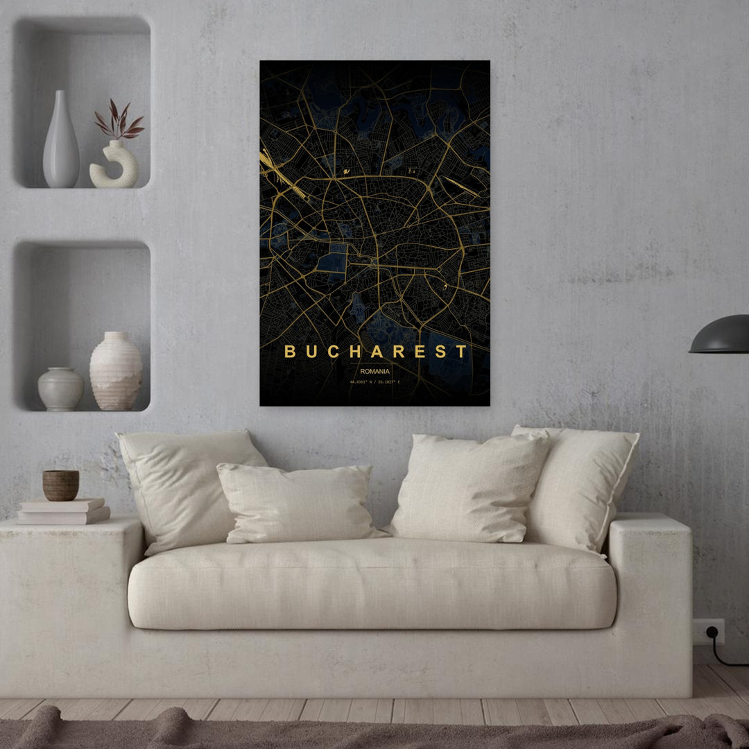 Golden Bucharest Map Abstract Geometric Modern Architecture City Wall Art Print