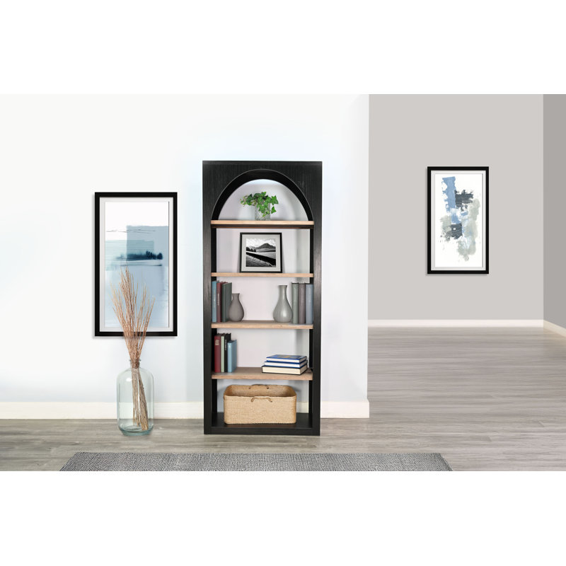  Tall Arched Wood Bookshelf with Open Shelving, Black/Natural