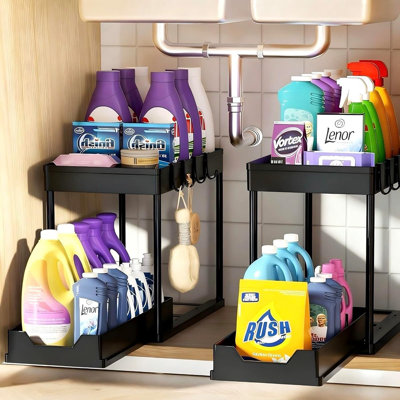 Ensemble de rangement sous-évier pour armoire coulissante avec rangement à 2 niveaux et 4 crochets pour la cuisine et la salle de bain