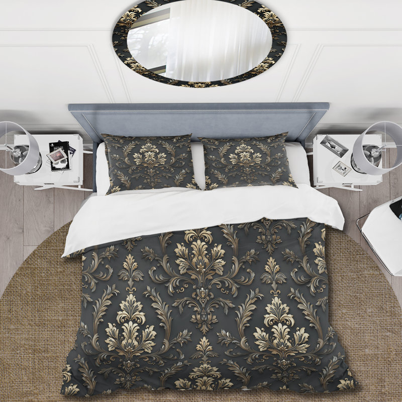 Ensemble de housse de couette damassé Glamour I noir et or, Housse de couette très grand + 2 taies décorativ