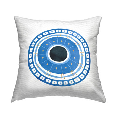 Blue Geometric Patterned Spiritual Symbol Evil Eye Outdoor Printed Pillow by Ziwei Li