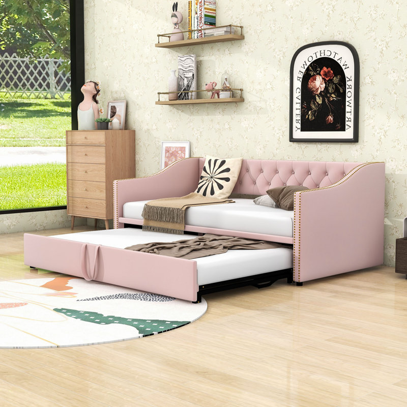 Upholstered Daybed with Twin Pop-Up Trundle, Space-Saving Design, Pink