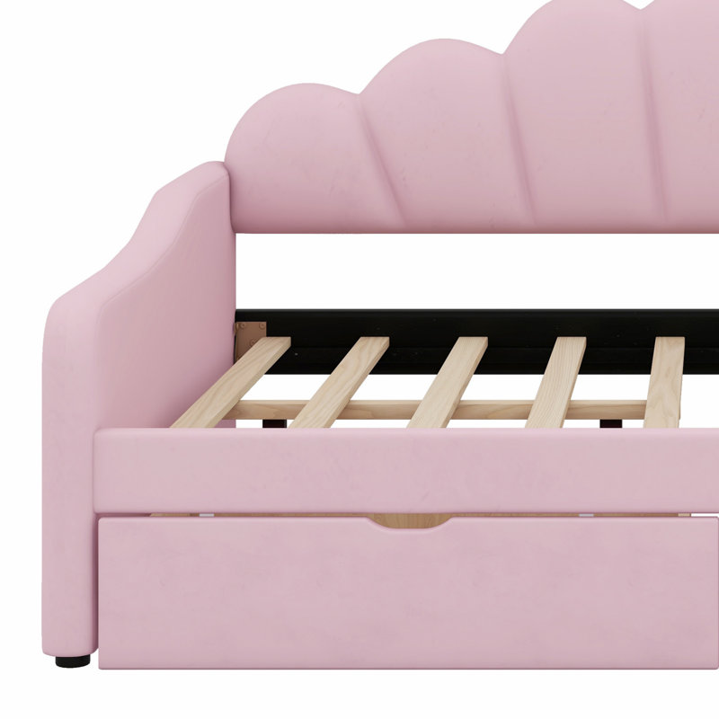 Shell‑Back Upholstered Daybed Frame With Two Convenient Storage Drawers, Pink