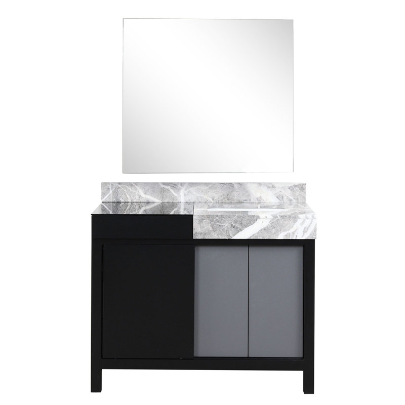 Meuble-lavabo noir et gris l 42 po x P 22 po avec comptoir en marbre et miroir de 34 po à fermeture en douceur, teinture grattée et nombreuses options de rangement.