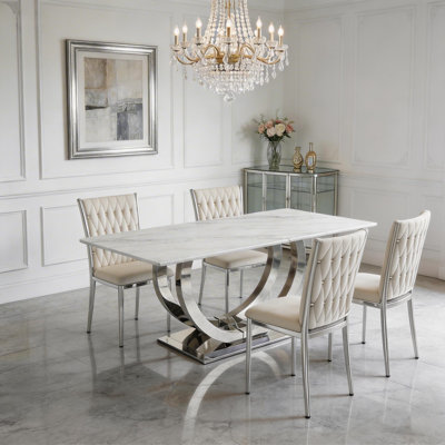 69.3" Modern Minimalist Rectangle Dining Table Set For 4, Kitchen Table With Tufted Chairs, Ideal For Small Dining Room & Open Kitchen, Silver+White Table, Light Gray Chairs