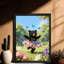 Art mural rétro noir, petit ours mignon jouant avec des papillons, impressions encadrées de style rétro-523360325