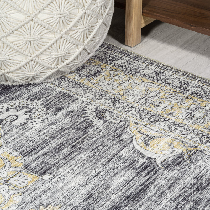 Gabryszek Bohemian Distressed Chenille Machine-Washable Dark Gray/Yellow Rug, Runner 2' x 8'