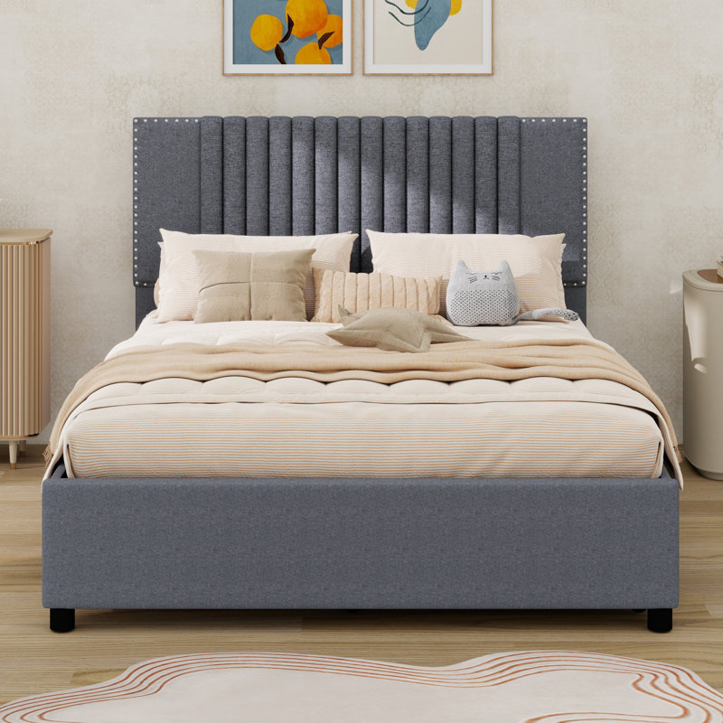 Lit plateforme tapissier avec 2 tiroirs et lit gigogne, tête de lit classique, Gris