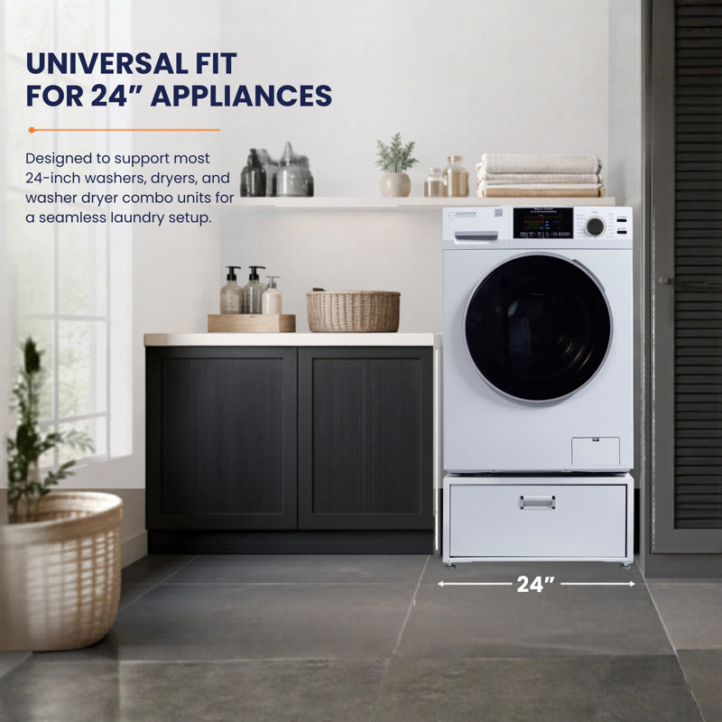 Caisson à lessive universel pour laveuse, sécheuse et combo 24 po avec tiroir de rangement Universal, Blanc